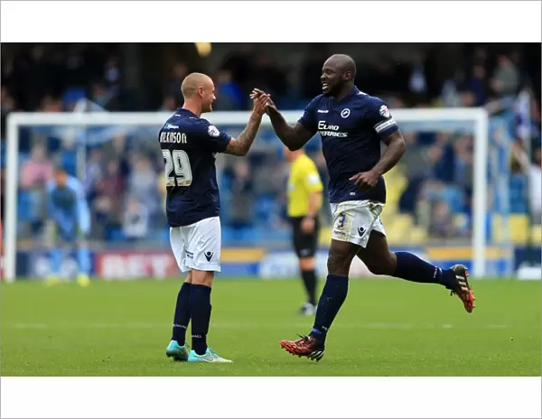 Millwall's Danny Shittu and Andy Wilkinson Celebrate Goal Against Cardiff City in Sky Bet Championship