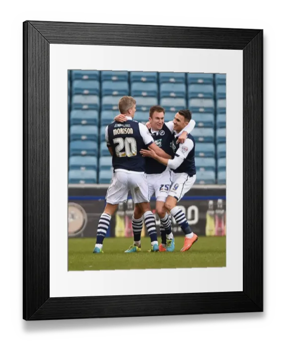 Framed Print : Jed Wallace Scores and Celebrates Millwall's Second Goal vs Blackpool in Sky Bet League One at The Den