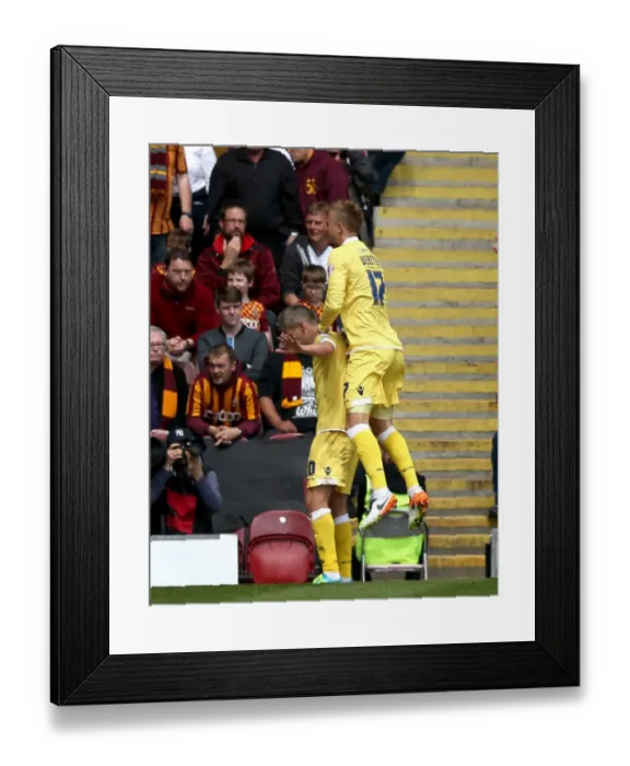 Framed Print : Millwall's Morison and Webster Celebrate Second Goal in Thrilling Sky Bet League One Play-Off Semifinal vs. Bradford City (2015-16) Framed Print : Millwall's Morison and Webster Celebrate Second Goal in Thrilling Sky Bet League One Play-Off Semifinal vs. Bradford City (2015-16)