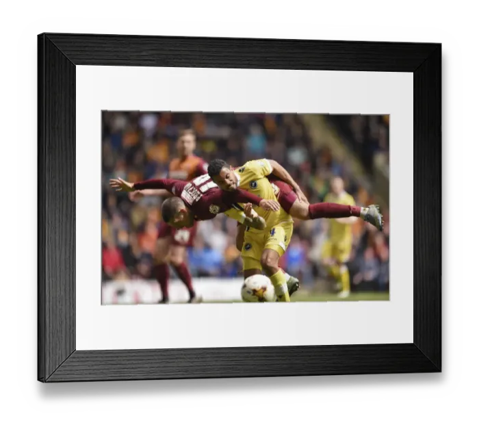 Framed Print : Intense Rivalry: Bradford City vs. Millwall - A Battle for the Ball in the Sky Bet League One Play-Offs