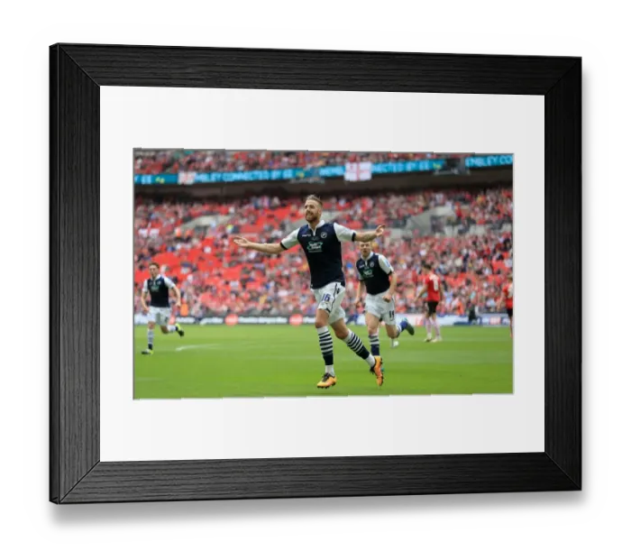 Framed Print : Millwall's Mark Beevers Celebrates First Goal in Sky Bet League One Play-Off Final against Barnsley at Wembley Stadium Framed Print : Millwall's Mark Beevers Celebrates First Goal in Sky Bet League One Play-Off Final against Barnsley at Wembley Stadium