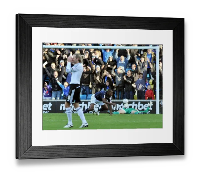 Framed Print : Millwall's Theo Robinson Scores Dramatic Diving Header Against Derby County in Championship Match at The New Den Framed Print : Millwall's Theo Robinson Scores Dramatic Diving Header Against Derby County in Championship Match at The New Den