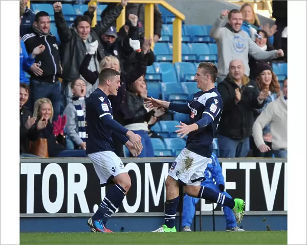 Millwall's Chris Wood and Alan Dunne Celebrate Goal Against Leeds United in Championship Match at The New Den
