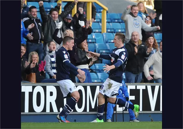 Millwall's Chris Wood and Alan Dunne Celebrate Goal Against Leeds United in Championship Match at The New Den