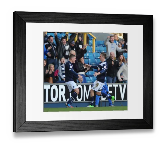 Framed Print : Millwall's Chris Wood and Alan Dunne Celebrate Goal Against Leeds United in Championship Match at The New Den