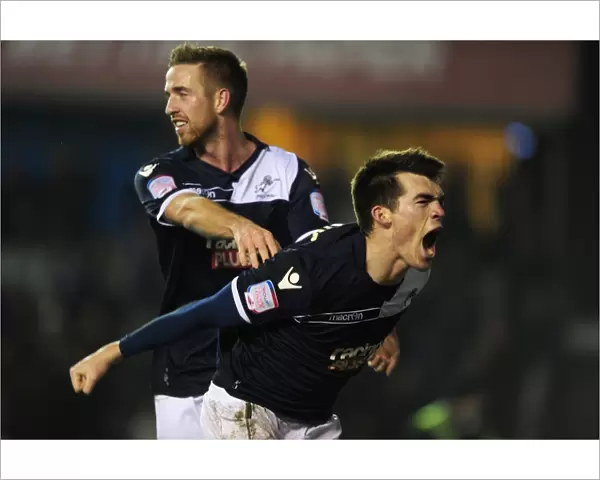 Millwall's John Marquis Celebrates Second Goal in FA Cup Fourth Round Upset Against Aston Villa (The Den, 25-01-2013)