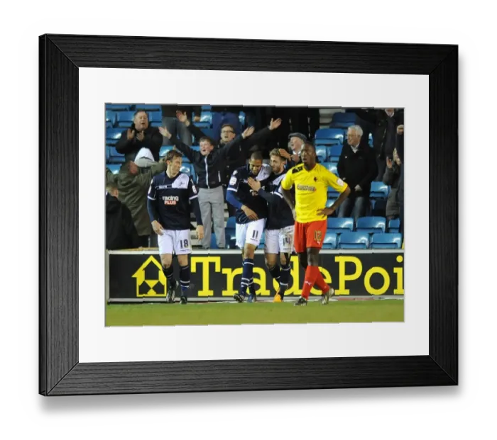 Framed Print : Shaun Batt Scores First Goal: Millwall's Triumphant Moment vs. Watford in Npower Championship Framed Print : Shaun Batt Scores First Goal: Millwall's Triumphant Moment vs. Watford in Npower Championship