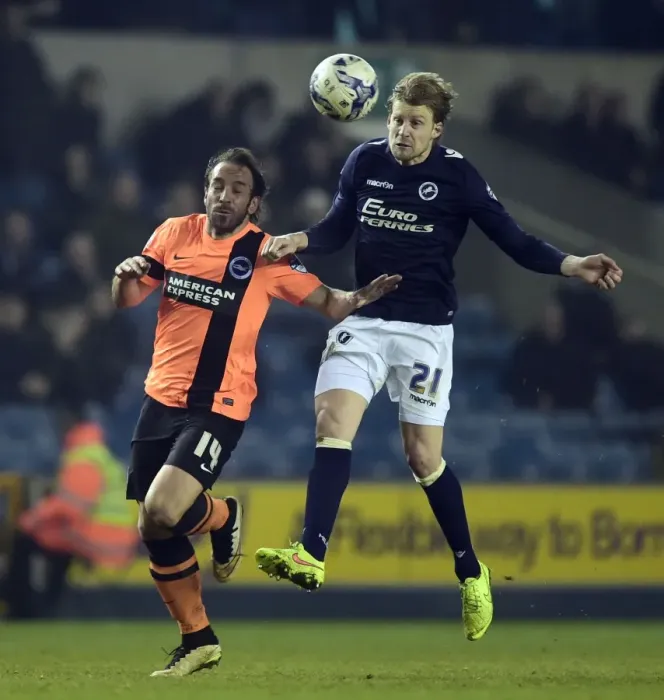 Framed Print : Battle for the Ball: Millwall vs Brighton and Hove Albion - Millwall's Dan Harding vs Brighton's Inigo Calderon (Sky Bet Championship) Framed Print : Battle for the Ball: Millwall vs Brighton and Hove Albion - Millwall's Dan Harding vs Brighton's Inigo Calderon (Sky Bet Championship)