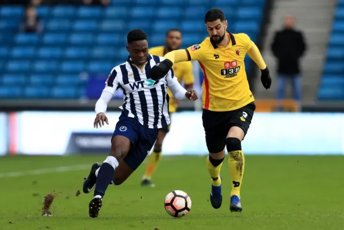 Framed Print : FA Cup Fourth Round: Millwall vs. Watford - Onyedinma and Britos Clash at The Den Framed Print : FA Cup Fourth Round: Millwall vs. Watford - Onyedinma and Britos Clash at The Den