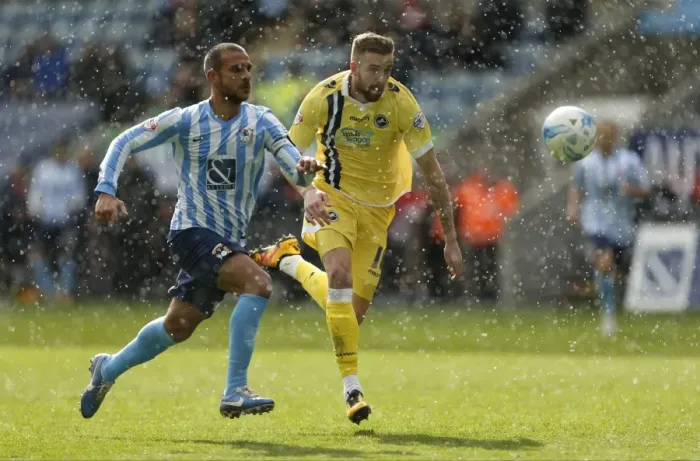 Framed Print : Intense Clash: Marcus Tudgay vs. Mark Beevers - Coventry City vs. Millwall (Sky Bet League One)