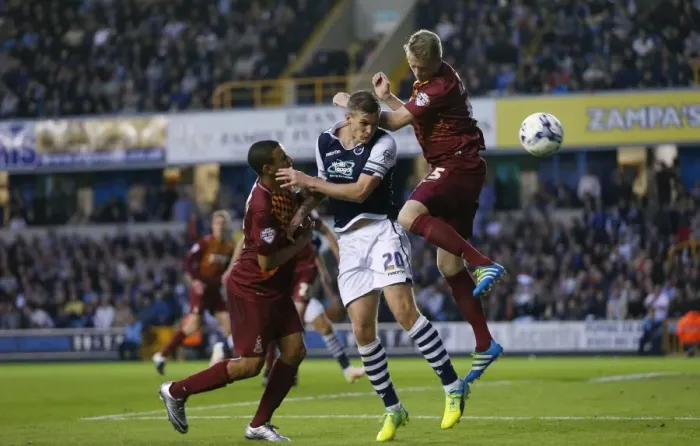 Framed Print : Intense Moment: Morison, Meredith, and Clarke in Millwall vs. Bradford City Sky Bet League One Play-Off Semi-Final Second Leg