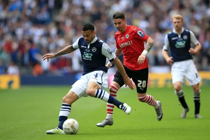 Framed Print : Intense Rivalry at Wembley: Hammill vs Edwards Battle for Play-Off Supremacy - Barnsley vs Millwall