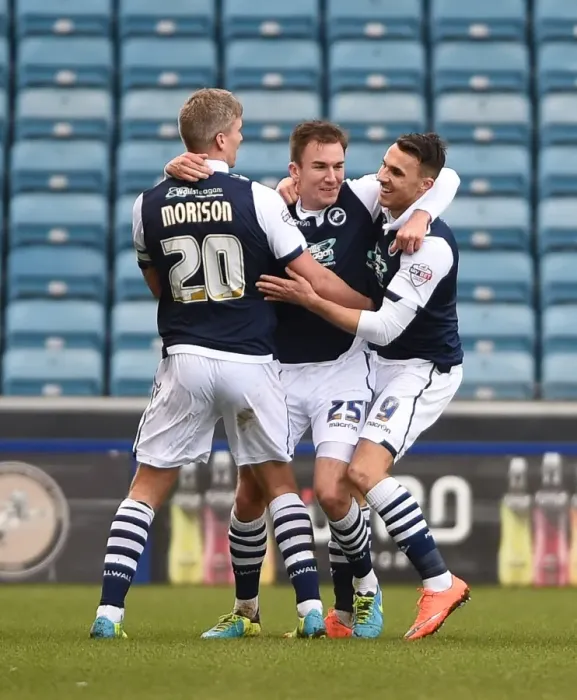 Framed Print : Jed Wallace Scores and Celebrates Millwall's Second Goal vs Blackpool in Sky Bet League One at The Den