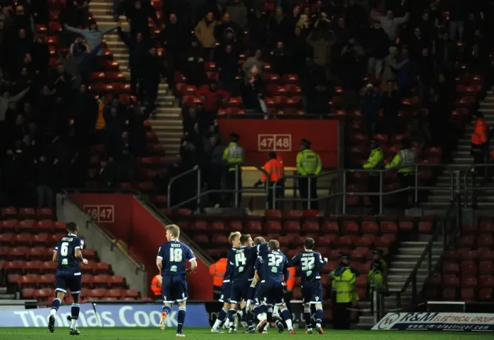 Framed Print : Millwall Celebrates Third Goal: FA Cup Fourth Round Replay Win Against Southampton (February 7, 2012, St Mary's Stadium) Framed Print : Millwall Celebrates Third Goal: FA Cup Fourth Round Replay Win Against Southampton (February 7, 2012, St Mary's Stadium)
