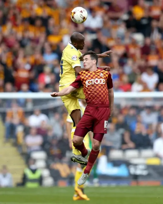 Framed Print : Millwall vs. Bradford City: Nadjim Abdou vs. Josh Cullen - Intense Aerial Battle in the 2015-16 Sky Bet League One Play-Offs