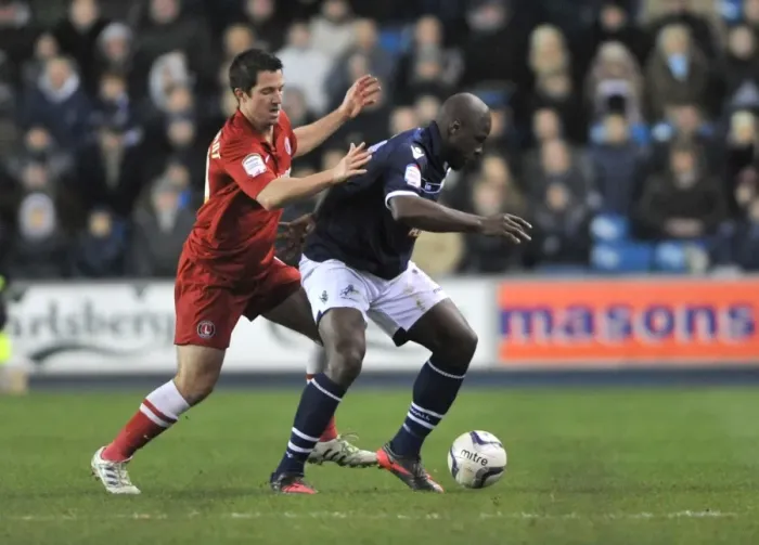 Framed Print : Millwall vs Charlton Athletic: Clash between Kermorgant and Shittu in the Npower Championship at The Den Framed Print : Millwall vs Charlton Athletic: Clash between Kermorgant and Shittu in the Npower Championship at The Den