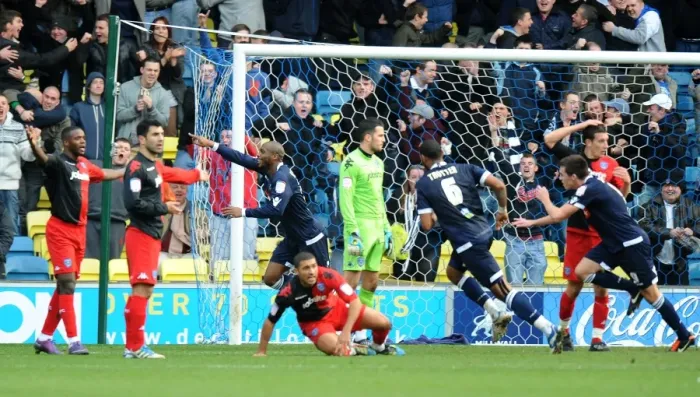 Framed Print : Millwall vs Portsmouth in the Npower Championship: Danny N'Guessan Scores the First Goal at The Den