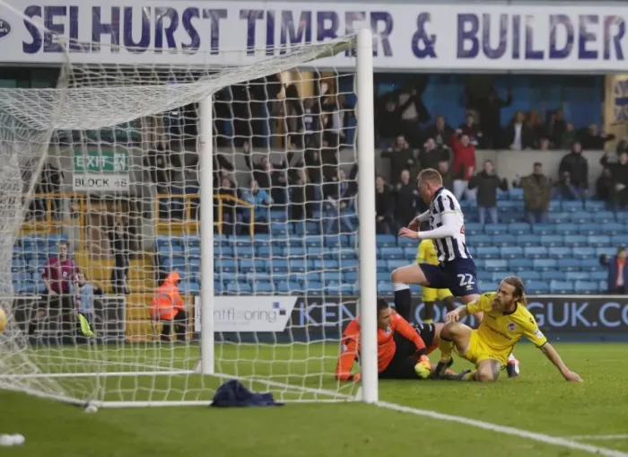 Framed Print : Millwall's Aiden O'Brien Scores First Goal Against Bristol Rovers at The Den Framed Print : Millwall's Aiden O'Brien Scores First Goal Against Bristol Rovers at The Den