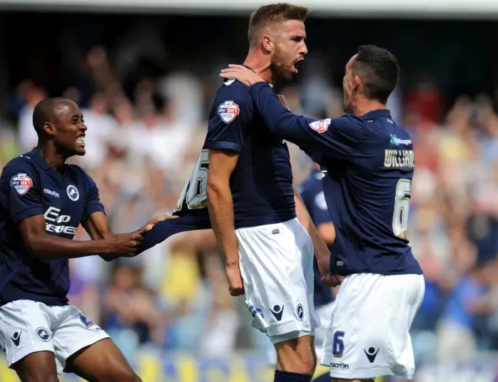 Framed Print : Millwall's Beevers Scores Opener in Championship Clash vs Leeds United at The New Den