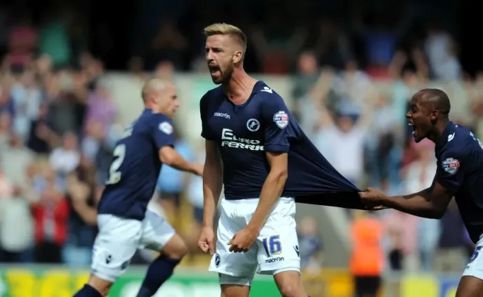 Framed Print : Millwall's Beevers Scores Opening Goal Against Leeds United in Sky Bet Championship Framed Print : Millwall's Beevers Scores Opening Goal Against Leeds United in Sky Bet Championship