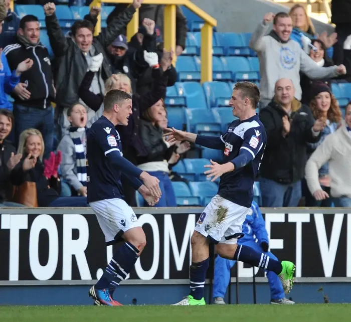 Framed Print : Millwall's Chris Wood and Alan Dunne Celebrate Goal Against Leeds United in Championship Match at The New Den