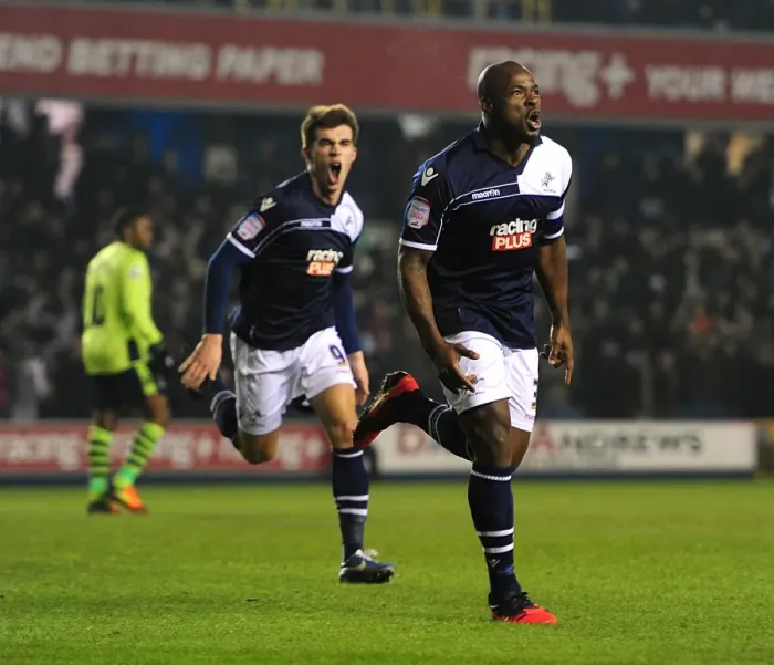 Framed Print : Millwall's Danny Shittu Celebrates Opening Goal Against Aston Villa in FA Cup Fourth Round Framed Print : Millwall's Danny Shittu Celebrates Opening Goal Against Aston Villa in FA Cup Fourth Round