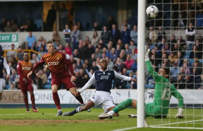 Framed Print : Millwall's Jamie Proctor Scores First Goal in Sky Bet League One Play-Off Semi-Final Against Bradford City (Second Leg) Framed Print : Millwall's Jamie Proctor Scores First Goal in Sky Bet League One Play-Off Semi-Final Against Bradford City (Second Leg)
