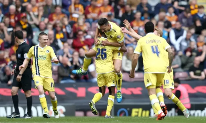 Framed Print : Millwall's Joel Martinez Scores Hat-trick in Sky Bet League One Play-Off First Leg Against Bradford City (2015-16)