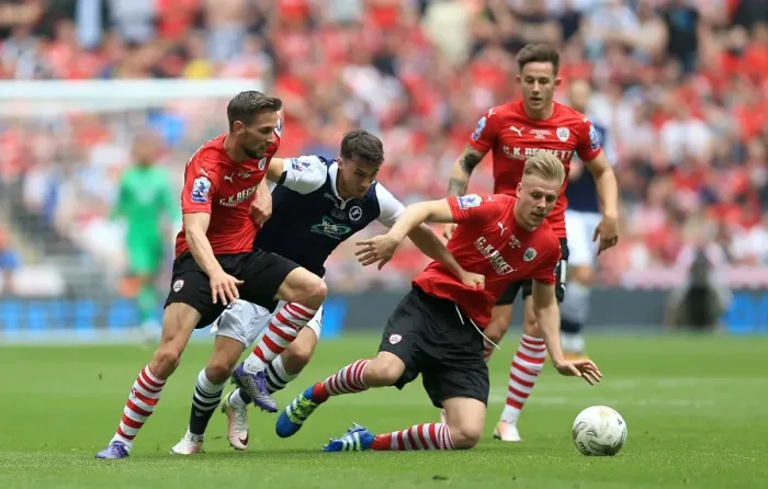 Framed Print : Millwall's Lee Gregory Faces Off Against Barnsley's Conor Hourihane and Marc Roberts in Sky Bet League One Play-Off Final at Wembley Stadium Framed Print : Millwall's Lee Gregory Faces Off Against Barnsley's Conor Hourihane and Marc Roberts in Sky Bet League One Play-Off Final at Wembley Stadium