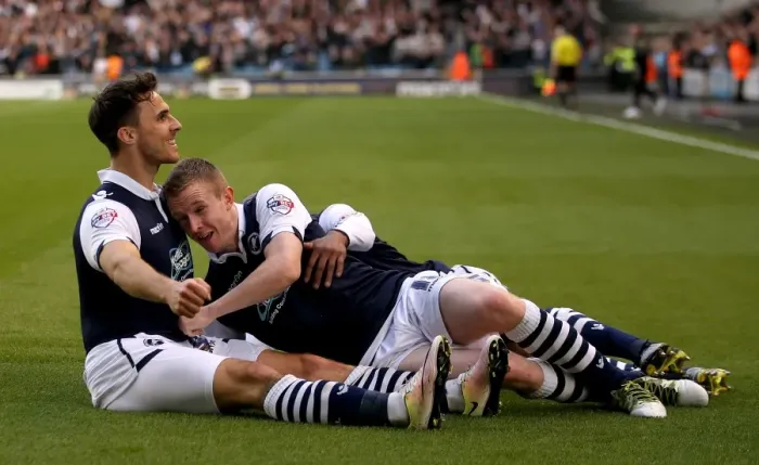 Framed Print : Millwall's Lee Gregory and Shane Ferguson Celebrate First Goal in Sky Bet League One Play-Off Semi-Final against Bradford City