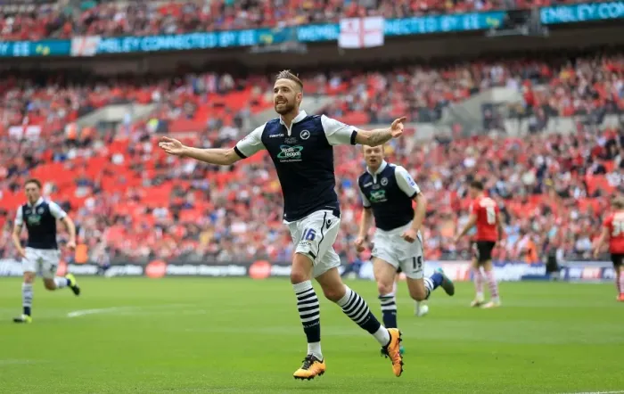 Framed Print : Millwall's Mark Beevers Celebrates First Goal in Sky Bet League One Play-Off Final against Barnsley at Wembley Stadium Framed Print : Millwall's Mark Beevers Celebrates First Goal in Sky Bet League One Play-Off Final against Barnsley at Wembley Stadium