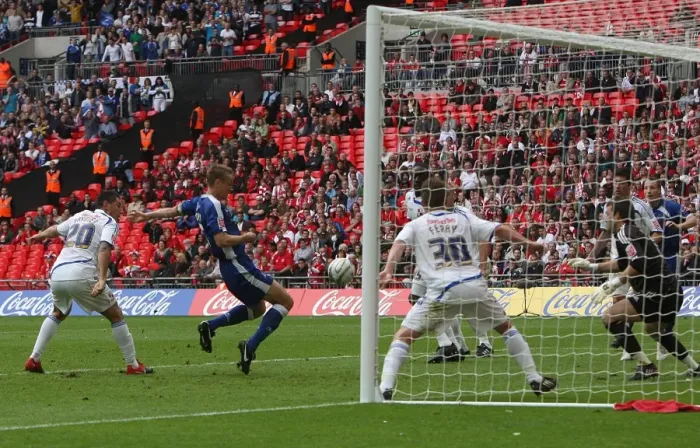 Framed Print : Millwall's Paul Robinson Scores the Opener in League One Play-Off Final at Wembley Against Swindon Town Framed Print : Millwall's Paul Robinson Scores the Opener in League One Play-Off Final at Wembley Against Swindon Town