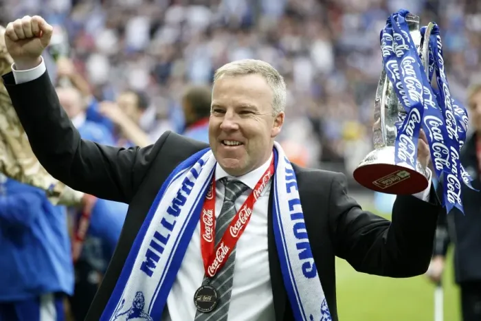 Framed Print : Millwall's Promising Triumph: Kenny Jackett and The Lions Rejoice over League One Promotion at Wembley (The Celebration)