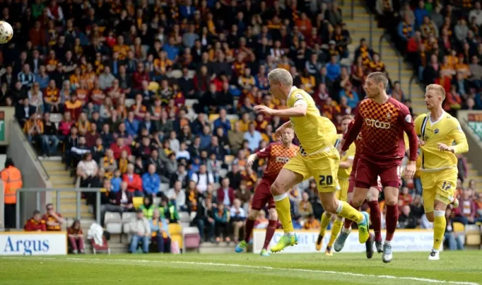 Framed Print : Millwall's Steve Morison Scores in Play-Off First Leg Against Bradford City (Sky Bet League One, 2015-16)