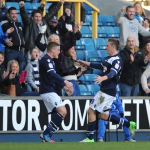 Millwall's Chris Wood and Alan Dunne Celebrate Goal Against Leeds United in Championship Match at The New Den