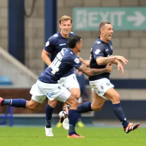 Scott McDonald's Thrilling Debut Goal for Millwall: A Jubilant Celebration with Team Mates at The Den (Millwall vs Blackpool, Sky Bet Championship) Scott McDonald's Thrilling Debut Goal for Millwall: A Jubilant Celebration with Team Mates at The Den (Millwall vs Blackpool, Sky Bet Championship)