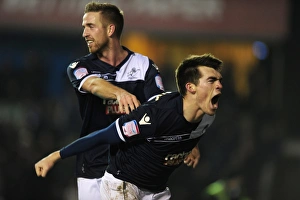Season 2012-13 Prints: Millwall's John Marquis Celebrates Second Goal in FA Cup Fourth Round Upset Against Aston Villa (The Den)